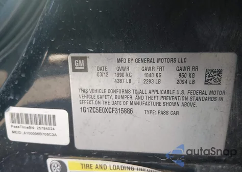 2012 Chevrolet Malibu 1Lt z USA, uszkodzony, nr VIN 1G1ZC5E0XCF315886